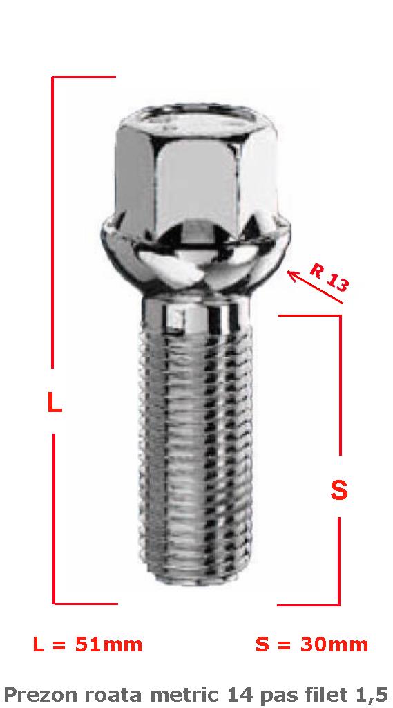 Prezon roata metric 14 pas filet 1,5 30mm sferic